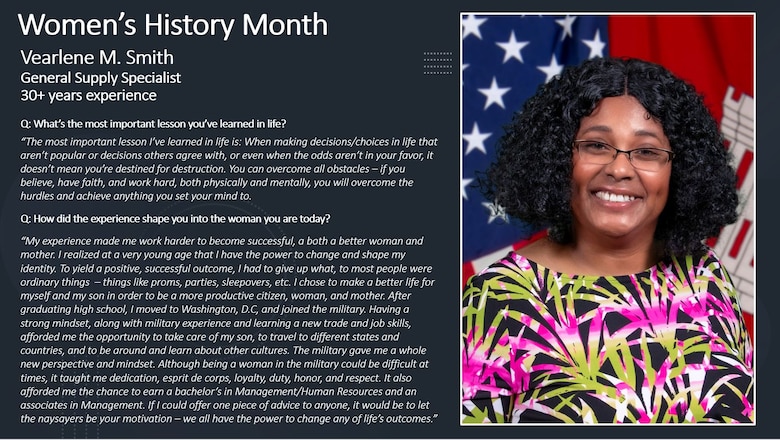 Women's History Month is for reflection and paying special attention to how past generations' efforts paved the way for women today.

History has proven time and time again that women are unstoppable, but we also see this in present time here at the Memphis District. Every day, there are a PLETHORA of outstanding women who, on the daily, achieve everything they set their minds to.

To honor these women, past, present and future, the Memphis District featured several extraordinary district professionals by asking them questions on life, career, and what it took for them to persevere in times of hardship. 

The Memphis District sincerely admires each of the women working here and thanks them for their many contributions to this district, to USACE, and ultimately, to this Nation.