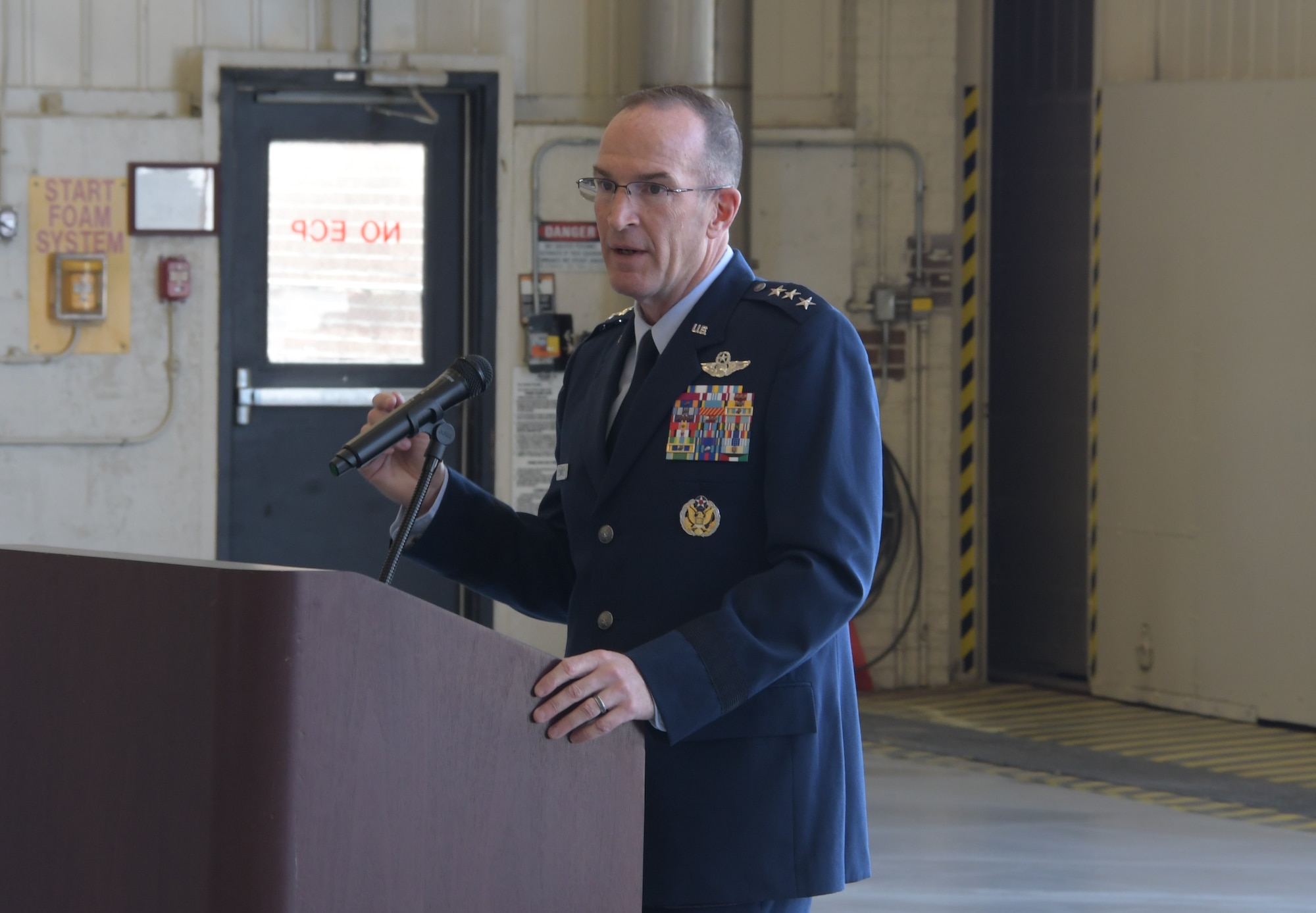 Air Force Reserve Commander and Chief of the Air Force Reserve Lt. Gen. John P Healy delivers remarks during the 22nd Air Force Change of Command ceremony held at Dobbins Air Reserve Base, Georgia, April 2, 2023.