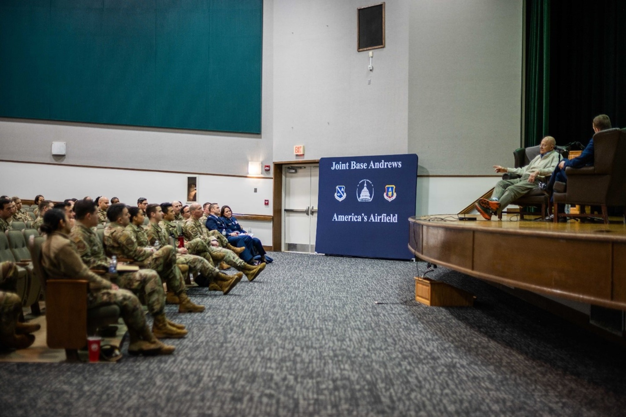 Airmen from both the 16th and 512th Intelligence Squadrons listen as Lt. Gen. (Ret.) James Clapper, former director of national intelligence, share leadership lessons from his career at Joint Base Andrews, Maryland, during the Feb. 4, 2023 unit training assembly.