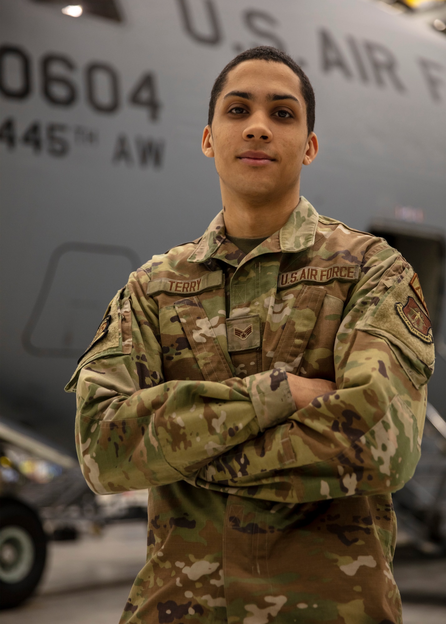 Senior Airman Jorden E. Terry, 445th Aircraft Maintenance Squadron assistant dedicated crew chief, is the 445th Airlift Wing April Spotlight Performer.