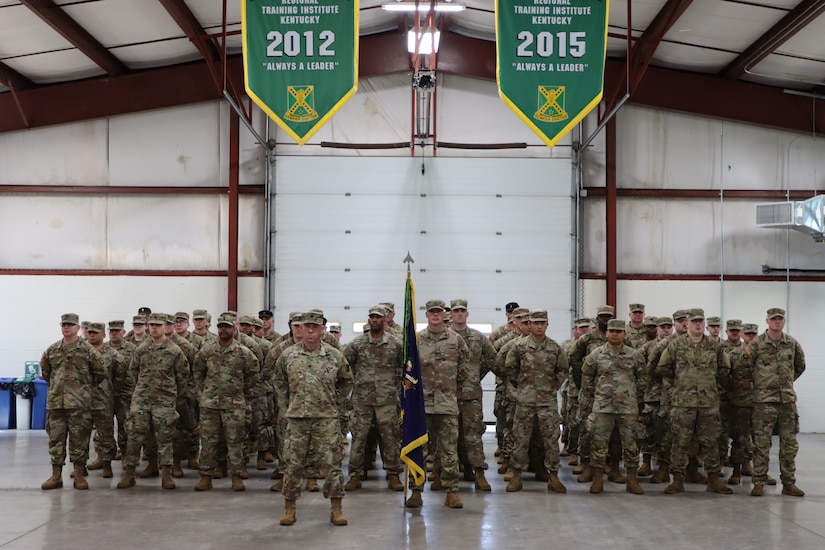 Soldiers of the 238th Regiment stand in formation at the 238th Regiment’s Change of Command ceremony held at the Wendell H. Ford Regional Training Center, Greenville, Ky., March 25, 2023. (U.S. Army National Guard by Lt. Col. Carla Raisler)