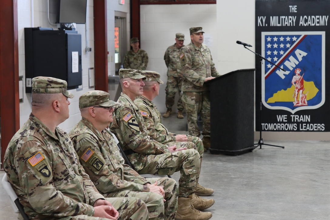 U.S. Army Lt. Col. Philip Robinson, incoming commander of the 238th Regiment addresses the crowd at the 238th Regiment’s Change of Command ceremony held at the Wendell H. Ford Regional Training Center, Greenville, Ky., March 25, 2023. (U.S. Army National Guard by Lt. Col. Carla Raisler)