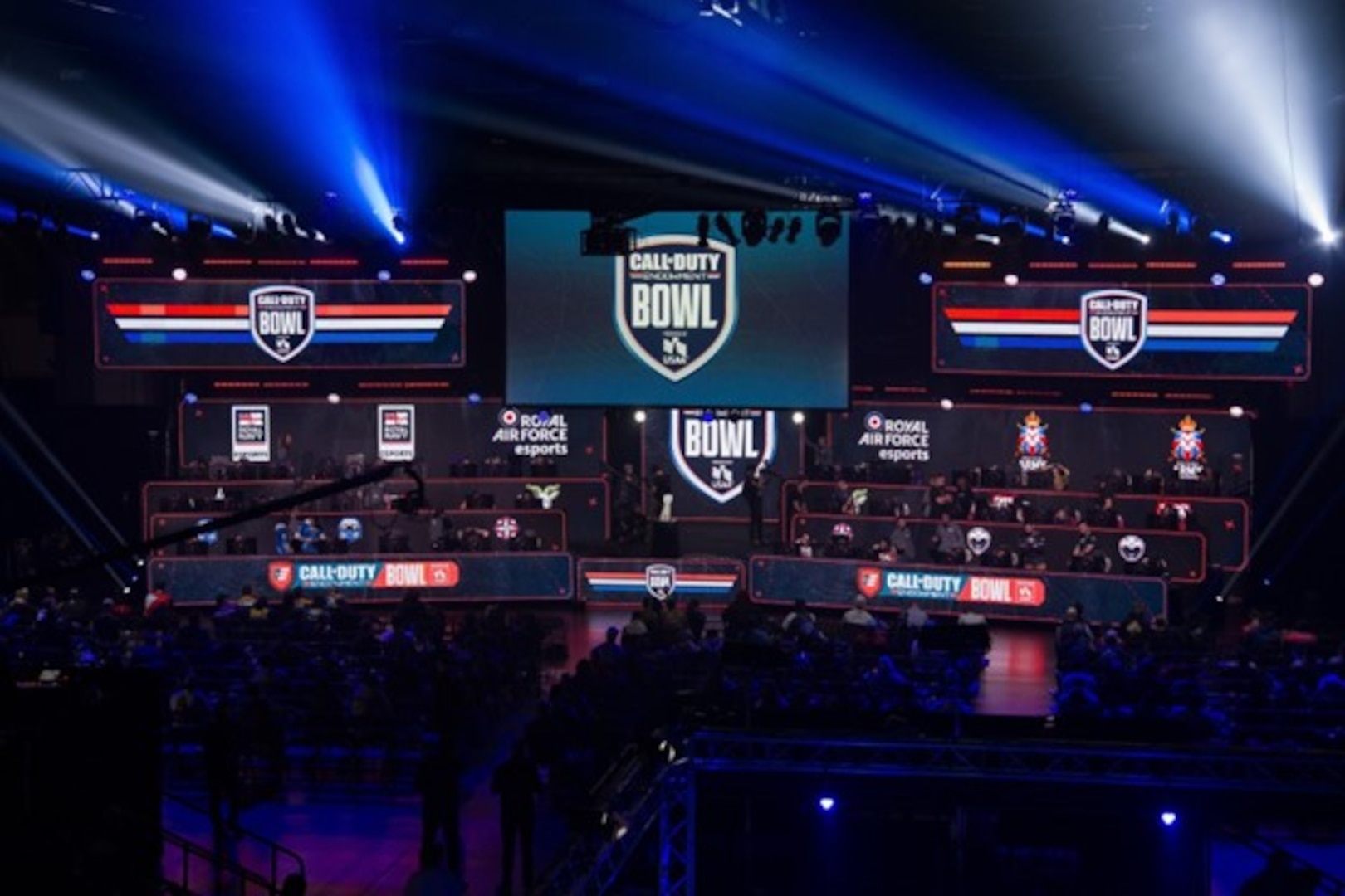 The crowd watches teams from all branches of United States armed forces as well as several United Kingdom armed forces during the Call of Duty Endowment (CODE) Bowl in Raleigh, North Carolina, December 16, 2022. Services were split into two trios for four rounds of mini battle royale in Warzone 2.0. (U.S. Coast Guard photo by Petty Officer 2nd Class Jasmine Mieszala)