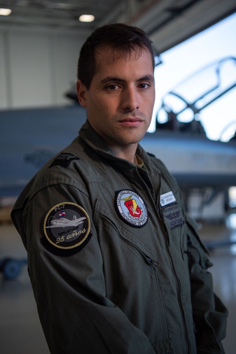 First Lt. José Montagno poses for a portrait at Joint Base San Antonio-Lackland, Texas, Nov. 30, 2022. Montagno is a pilot in the Second Air Brigade in the Uruguayan Air Force and is currently in the Inter-American Air Forces Academy’s Pilot Instrument Procedures Course. “Learning is very imperative for me,” Montagno explained. “Taking all of that information and knowledge back to Uruguay will enable me to become a better person and pass on the information to my subordinates and my teammates.” (U.S. Air Force photo by Tech. Sgt. Janiqua P. Robinson)