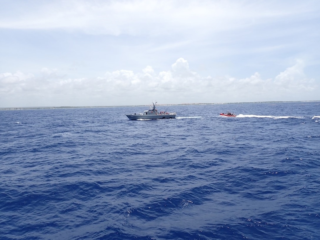 Coast Guard Cutter Joseph Tezanos’ small boat transfers a group of migrants to a Dominican Republic Navy vessel near Punta Cana, Dominican Republic April 1, 2023. Thirty-nine migrants were repatriated while one other man from this case, also a Dominican Republic national, is facing federal prosecution in Puerto Rico on charges of attempted illegal re-entry into the United States. (U.S. Coast Guard photo)
