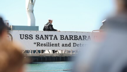 PORT HUENEME, Calif. (Apr 1, 2023) Sailors assigned to the Independence-class variant littoral combat ship USS Santa Barbara (LCS32), "Man the Ship" during her Commissioning Ceremony onboard Naval Base Ventura County (NBVC), Port Hueneme, Apr. 1, 2023. Littoral Combat Ships are fast, optimally-manned, mission-tailored surface combatants that operate in near-shore and open-ocean environments, winning against 21st-century coastal threats. LCS integrate with joint, combined, manned and unmanned teams to support forward presence, maritime security, sea control, and deterrence missions around the globe. NBVC is a strategically located Naval installation composed of three operating facilities: Point Mugu, Port Hueneme and San Nicolas Island. NBVC is the home of the Pacific Seabees, West Coast E-2D Hawkeyes, 3 warfare centers and 80 tenants. (U.S. Navy photo by Mass Communication 1st Class Douglas "Evan" Parker/Released)