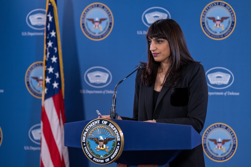 A woman briefs members of the media.