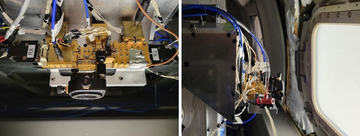 Left: State-of-the-art terahertz, or THz, communications transceiver system was placed on an aircraft test AFRL’s Terahertz Communications program which aims to determine the viability of using terahertz band frequencies to service future Department of the Air Force communication needs. Right: The transceiver installation on the aircraft is pointed toward a window where standard glass was replaced with THz transparent material to facilitate communications with another aircraft. (Courtesy photo)