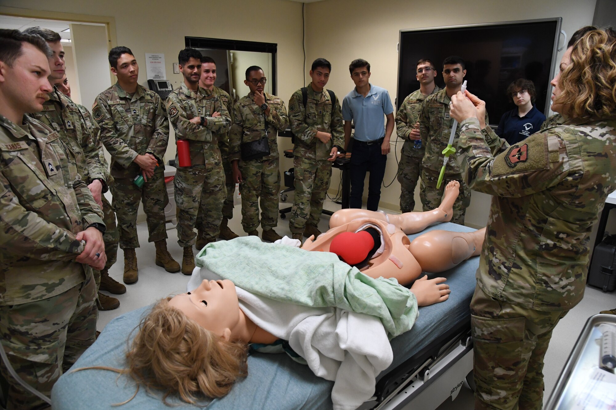 U.S. Air Force 1st Lt. Chantel Davis, 81st Inpatient Operation Squadron clinical nurse, provides a medical procedure demonstration to Air Force ROTC cadets during Pathways to Blue inside the 81st Medical Center at Keesler Air Force Base, Mississippi, March 31, 2023.