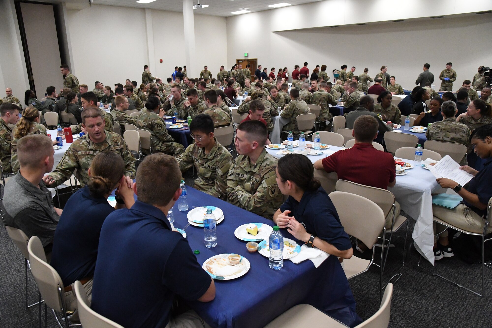 Air Force ROTC cadets participate in a speed mentoring session during Pathways to Blue inside the Roberts Consolidated Aircraft Maintenance Facility at Keesler Air Force Base, Mississippi, March 31, 2023.