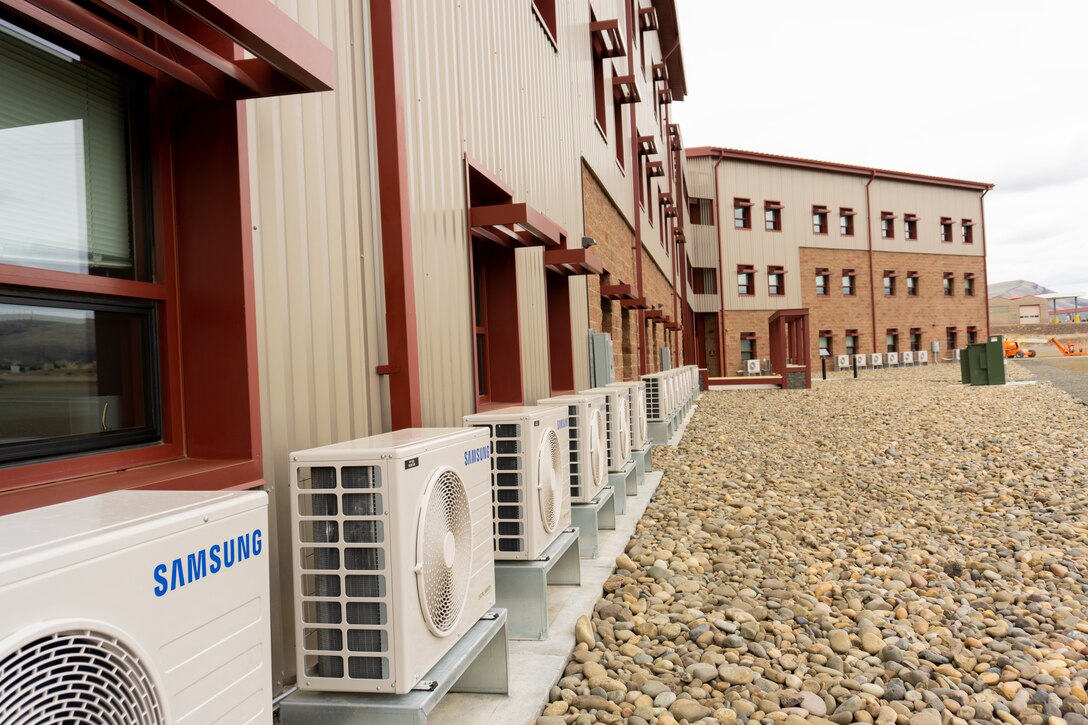 Air conditioning units at the 205th Training Regiment's new barracks at Yakima Training Center provide cooling to all three floors. Located on the ground floor, these units are easy to maintain and repair.