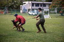 U.S. Navy Petty Officer 3rd Class Tristyn Nichols, a dental assistant with 3d Medical Battalion, 3d Marine Logistics Group, participates in a hostile attacker demonstration during a Drug Education For Youth event, MCBH, March 11, 2023. DEFY was established in 1993 by the Navy Drug Demand Reduction Task Force to teach children about substance abuse, bullying, and gang culture, and to provide them with alternative activities and positive life skills. (U.S. Marine Corps photo by Cpl. Cody Purcell)