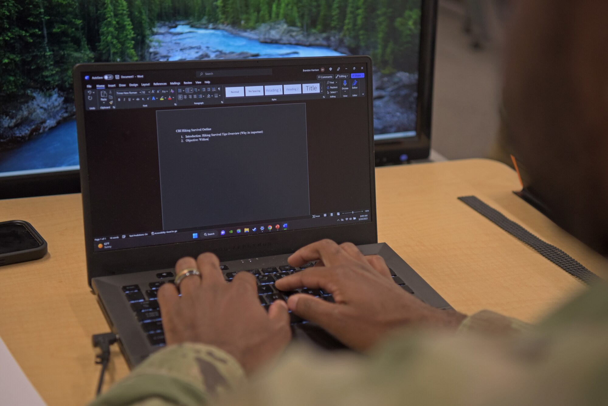 U.S. Army Staff Sgt. Brandon Harrison, Computer Based Instruction Designer course student, types an outline at Goodfellow Air Force Base, Texas, March 24, 2023. Instructors are taught to write an outline to practice creating a baseline for a course. (U.S. Air Force photo by Senior Airman Ashley Thrash)