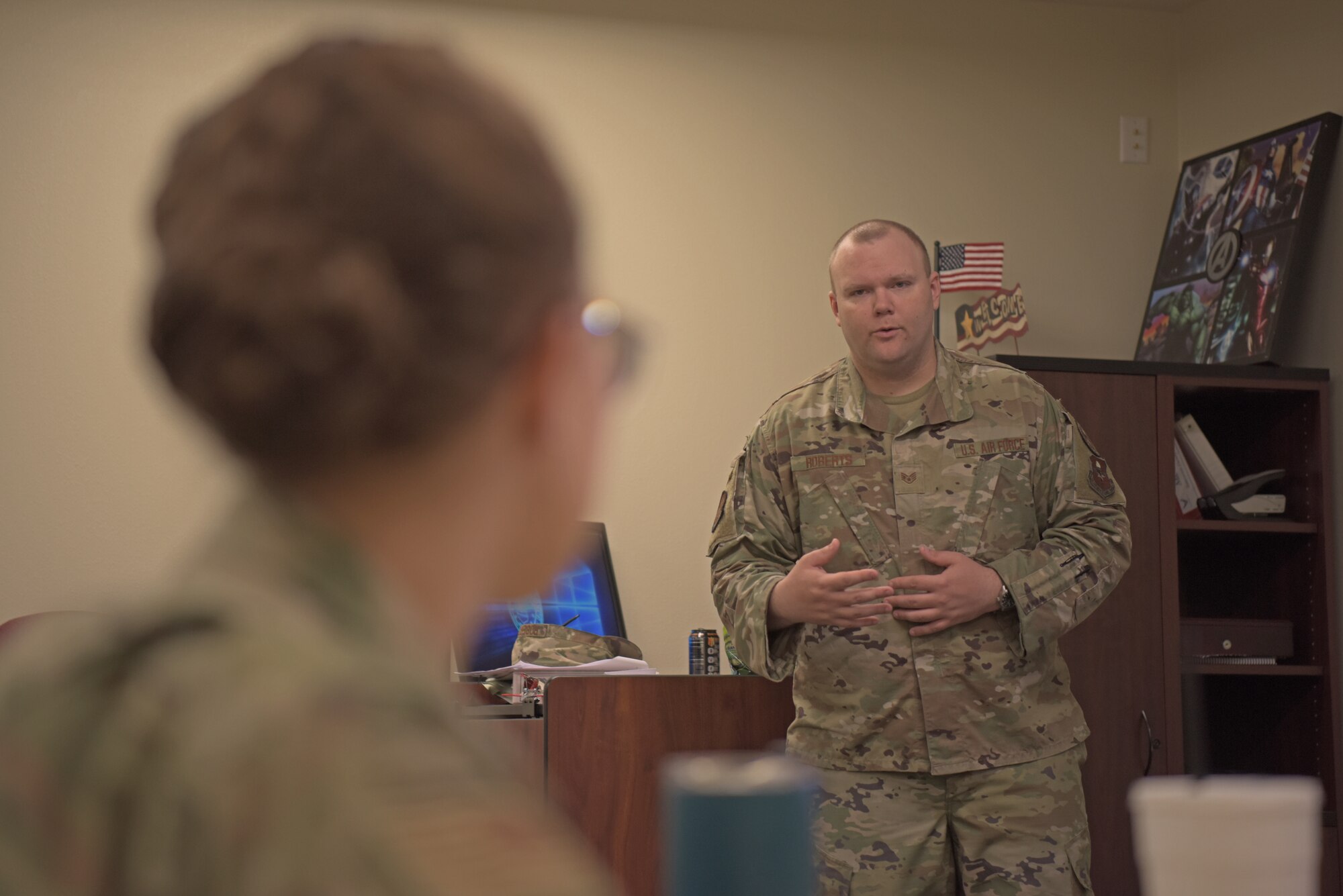 U.S. Air Force Staff Sgt. William Roberts, 17th Training Support Squadron instructor, speaks to the class at Goodfellow Air Force Base, Texas, March 24, 2023. Roberts teaches the Computer Based Instruction Designer course which is a two week course dedicated to furthering the instructor's knowledge of designing courses. (U.S. Air Force photo by Senior Airman Ashley Thrash)