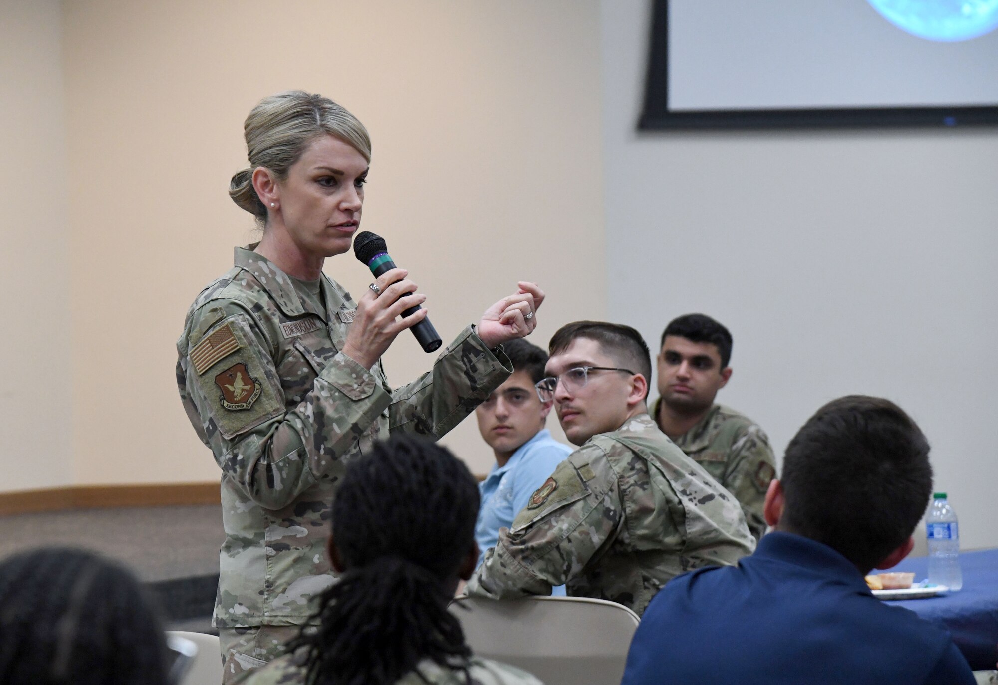 U.S. Air Force Maj. Gen. Michele Edmondson, Second Air Force commander, delivers remarks to Air Force ROTC cadets during Pathways to Blue inside the Roberts Consolidated Aircraft Maintenance Facility at Keesler Air Force Base, Mississippi, March 31, 2023.