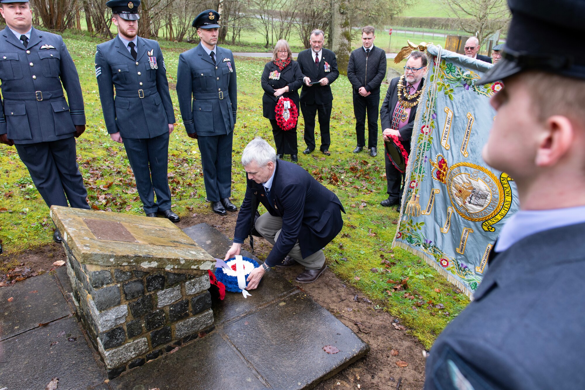 Members of the 501st Combat Support Wing and the local community gather at RAF Welford’s Memorial Grove for a memorial service March 31, 2023. Annually on the anniversary of the Nuremberg Raid, a joint U.S. and U.K. wreath laying ceremony takes place, memorializing the multinational 101st Squadron crew that perished during a crash March 31, 1944 upon returning from Germany. (U.S. Air Force photo by Staff Sgt. Jennifer Zima)