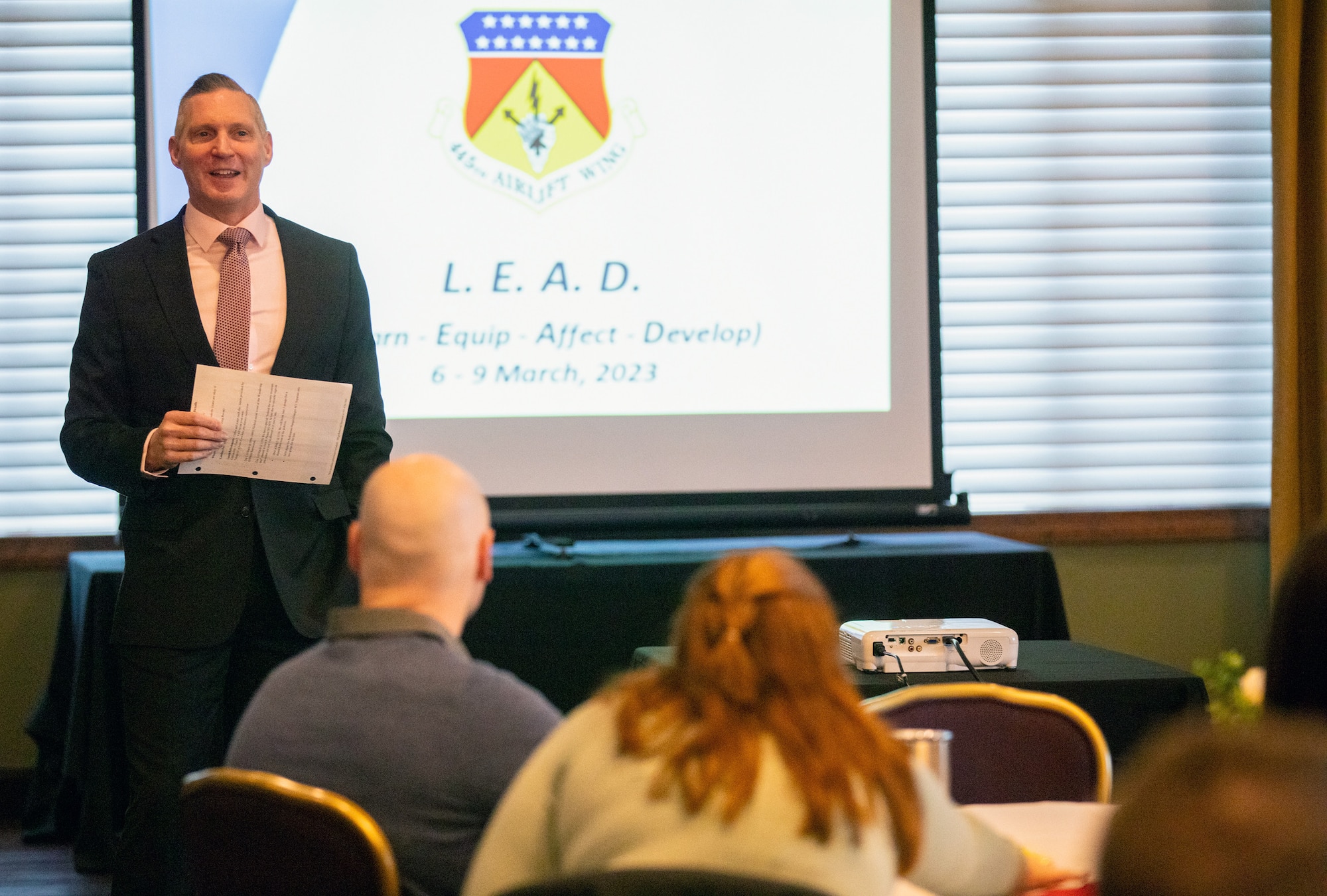 Col. Nathan T. Day, 445th Airlift Wing vice commander,
talks about leading change and culture during the
445th AW’s Leadership Symposium, or L.E.A.D. (learn,
equip, affect, develop), at the Wright-Patterson Club on
Wright-Patterson Air Force Base, Ohio, March 9, 2023.
About 30 people attended the four-day event.