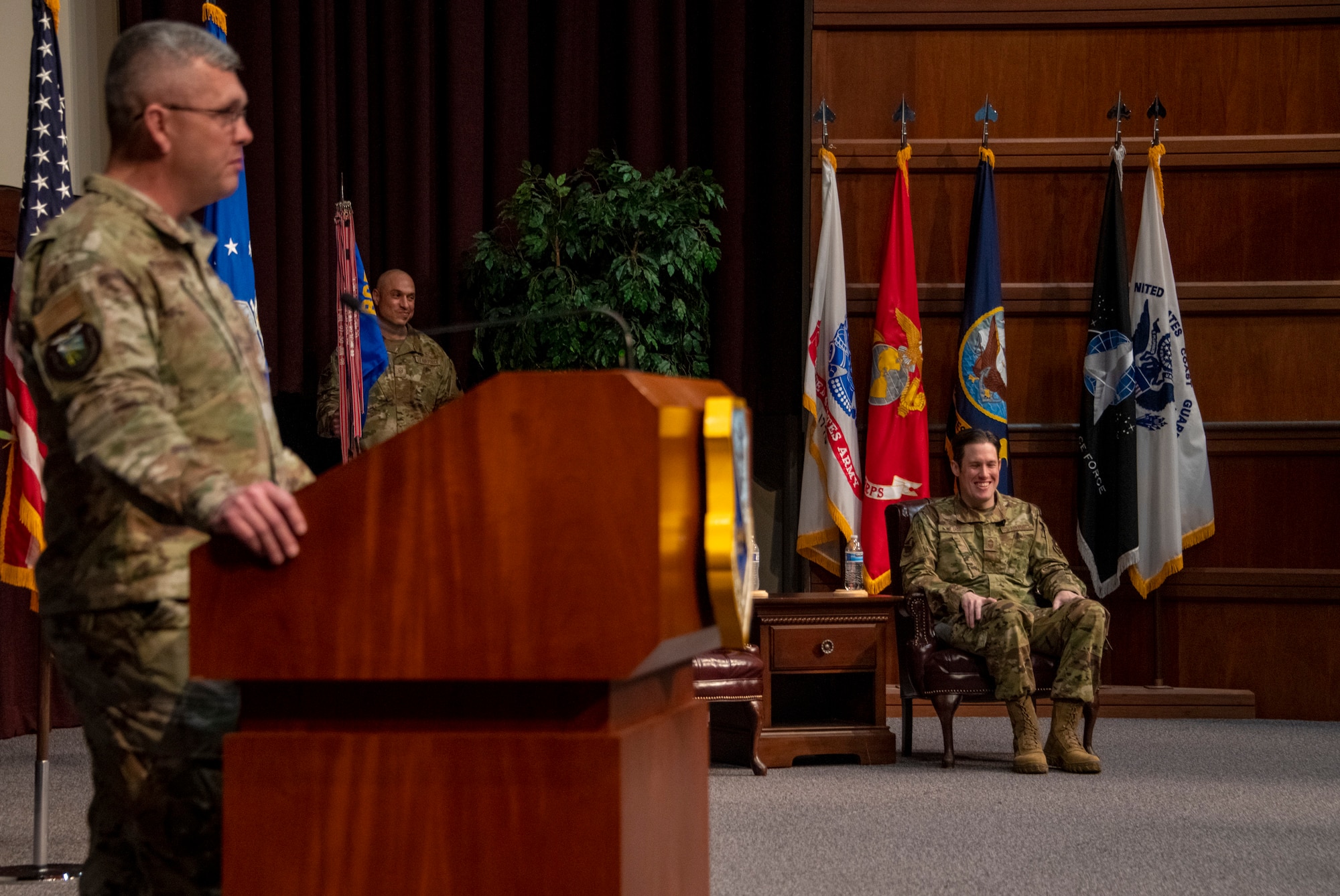 Col. Anthony D. Babcock, commander of the Thomas N. Barnes Center for Enlisted Education, speaks during the Air Force Senior Noncommissioned Officer Academy assumption of leadership ceremony at the academy on Maxwell Air Force Base–Gunter Annex, Ala., March 31, 2023. (U.S. Air Force photo/Brian Ferguson)