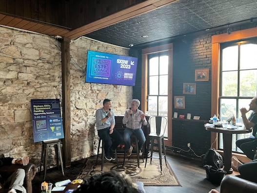 "Startups, ESOs, + Government Funding" at the Established Lounge, SXSW 2023, Austin, Texas
Pictured: Bob Smith with Frank Gruber