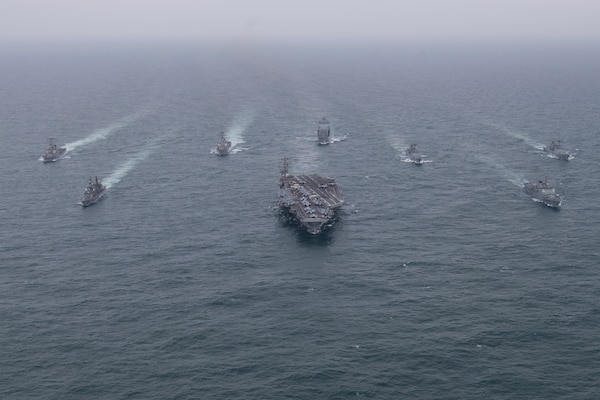 230404-N-KU796-1279 EAST CHINA SEA (April 4, 2023) The aircraft carrier USS Nimitz (CVN 68) steams in formation with the Japan Maritime Self-Defense Force (JMSDF) Asagiri-class destroyer JS Umigiri (DD 158), Republic of Korea (ROK) Sejong the Great-class destroyer ROKS Yul Gok Yi (DDG 992), Chungmugong Yi Sun-Shin-class destroyers ROKS Dae Jo young (DDH 977) and ROKS Choi Young (DDH 981), So Yang-class fast combat support ship ROKS So Yang (AOE 51), and the Arleigh Burke-class guided-missile destroyers USS Decatur (DDG 73) and USS Wayne E. Meyer (DDG 108). The Nimitz Carrier Strike Group is conducting a trilateral maritime exercise with the ROK Navy and JMSDF in the U.S. 7th Fleet area of operations. 7th Fleet is the U.S. Navy's largest forward-deployed numbered fleet, and routinely interacts and operates with allies and partners in preserving a free and open Indo-Pacific region. (U.S. Navy photo by Mass Communication Specialist 2nd Class Samuel Osborn)