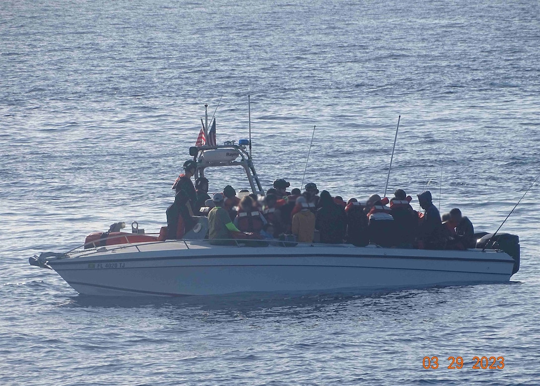 Coast Guard Cutter Pablo Valent's crew interdicted this grossly overloaded vessel 11 miles south of Cay Sal, Bahamas, March 29, 2023. Coast Guard Cutter Margaret Norvell’s crew repatriated the people to Cuba, April 4, 2023. (U.S. Coast Guard photo by Cutter Pablo Valent's crew)