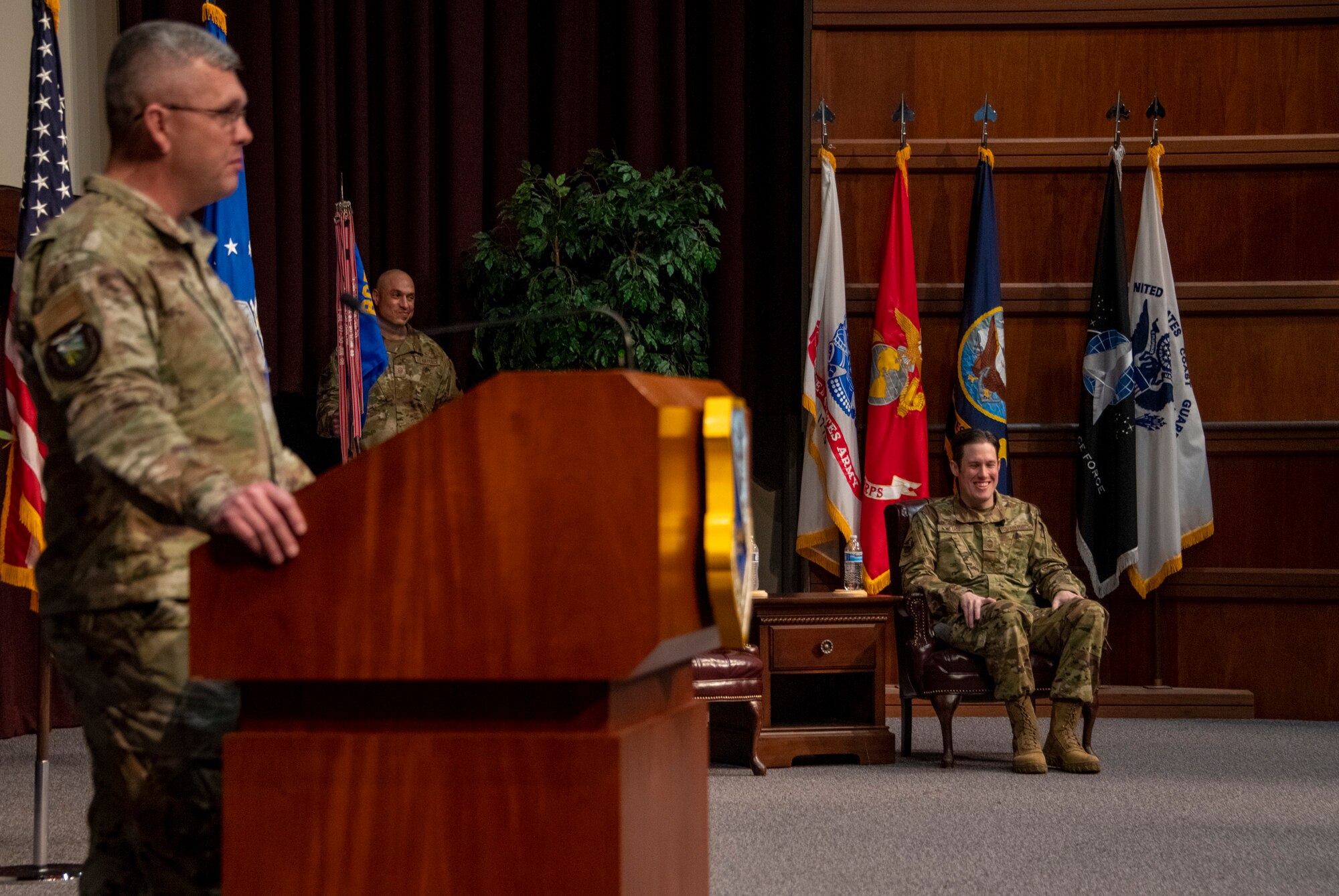Col. Anthony D. Babcock, commander of the Thomas N. Barnes Center for Enlisted Education, speaks during the Air Force Senior Noncommissioned Officer Academy assumption of leadership ceremony at the academy on Maxwell Air Force Base–Gunter Annex, Ala., March 31, 2023. (U.S. Air Force photo/Brian Ferguson)