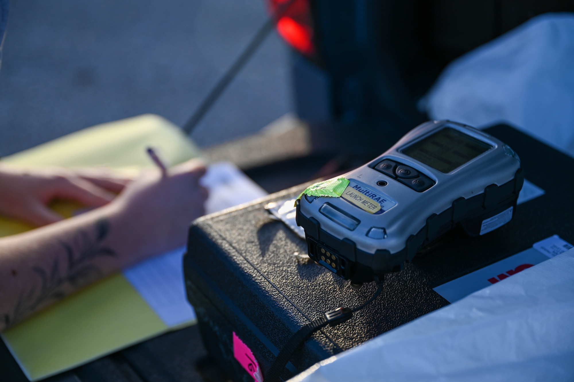 A multi-Rae Pro measuring Nitrogen Dioxide levels in the air during launch window on March 14, 2023 at Cape Canaveral Space Force Station, Fla. assessing chemical levels is a crucial component of the bioenvironmental team's responsibilities during space launch operations. (U.S. Space Force photo by Senior Airman Samuel Becker)