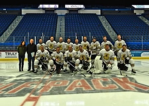 The 103rd Airlift Wing’s “Flying Yankees” hockey team, better known as the “Greatest Show On Ice”, started the season facing-off against the 104th Fighter Wing’s Barnestormers, February 18, 2023, at the XL Center in Hartford, Conn.