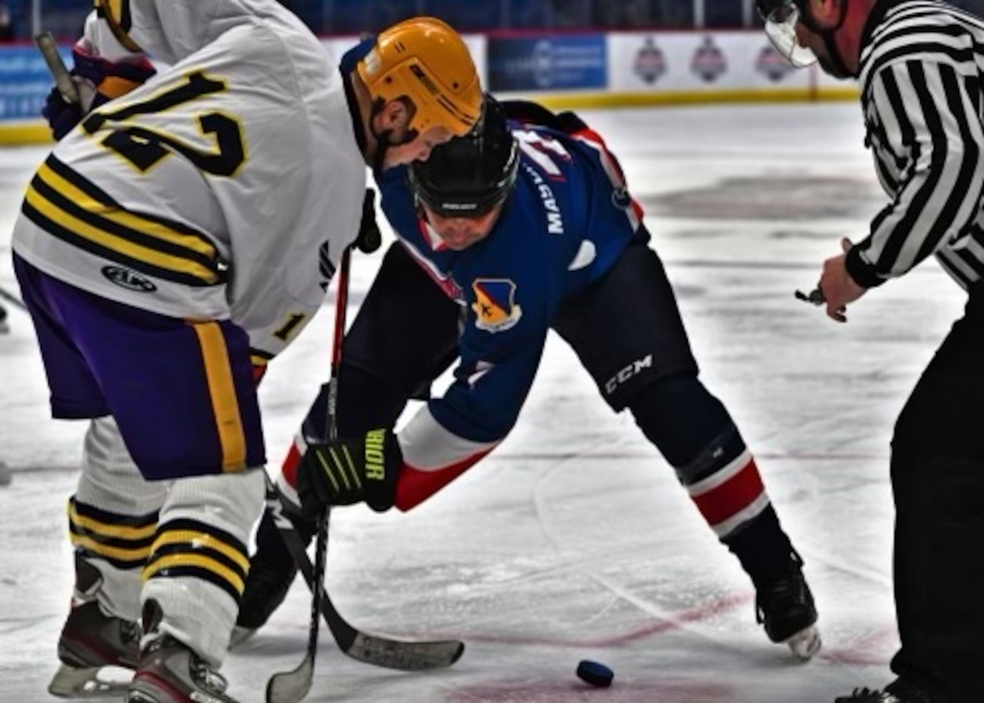 The 103rd Airlift Wing’s “Flying Yankees” hockey team, better known as the “Greatest Show On Ice”, started the season facing-off against the 104th Fighter Wing’s Barnestormers, February 18, 2023, at the XL Center in Hartford, Conn.