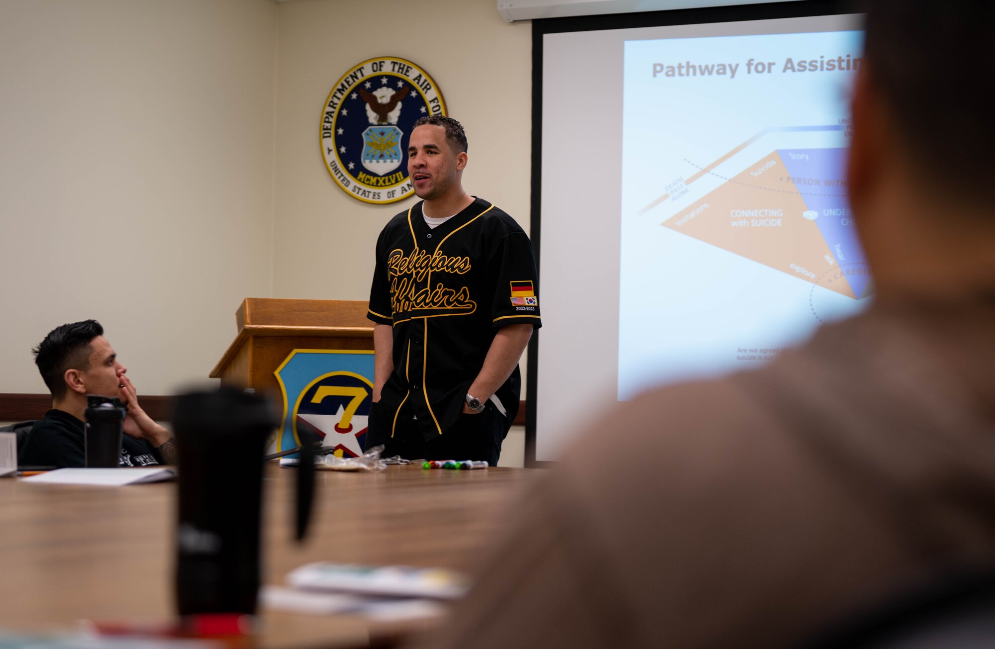 Tech. Sgt. Dwayne Walker, 8th Fighter Wing NCO in charge of chapel resources, speaks during an Applied Suicide Intervention Skills Training (ASIST) lesson at Gwangju Air Base, Republic of Korea, Mar. 31, 2023.