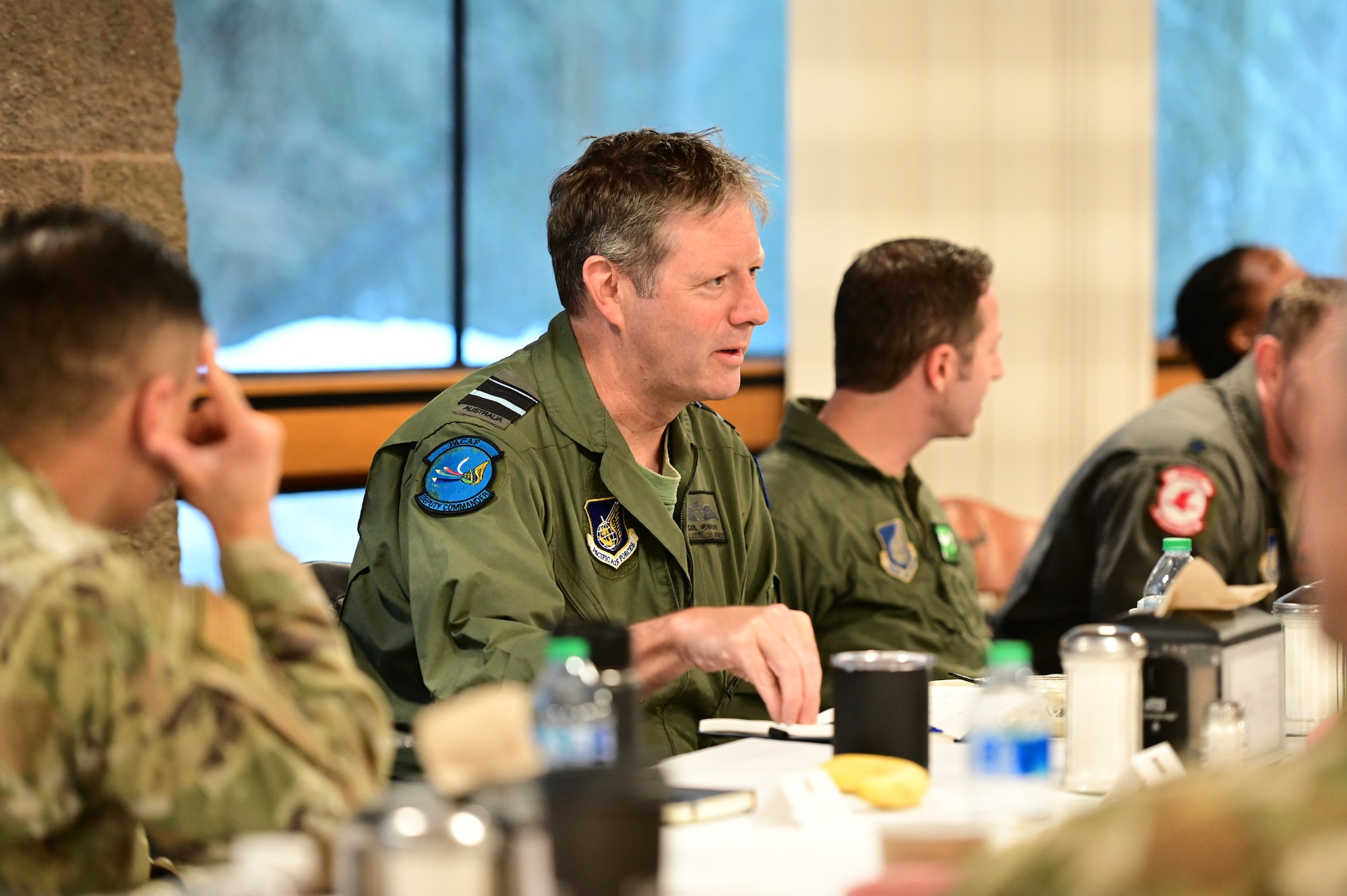 Royal Australian Air Force Air Vice-Marshal Carl Newman, Pacific Air Forces deputy commander, attends breakfast with squadron commanders at Joint Base Elmendorf-Richardson, Alaska, March 28, 2023. During Newman’s visit, he met with JBER commanders, chiefs, and Airmen to get a better understanding of both ongoing and upcoming Arctic operations. “When you bring folks from diverse backgrounds, you achieve a great deal more creativity and innovative ideas in the way that you solve problems to achieve those mutual goals that we all have within the region, that free and open Indo-Pacific,” said Newman. (U.S. Air Force photo by Airman 1st Class Quatasia Carter)