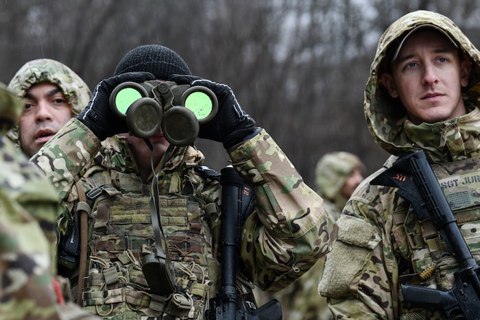 Reserve Citizen Airmen assigned to the 459th Security Forces Squadron, Joint Base Andrews, Maryland, practice range estimation on March 17, 2023, at Camp James A. Garfield Joint Military Training Center, Ohio.