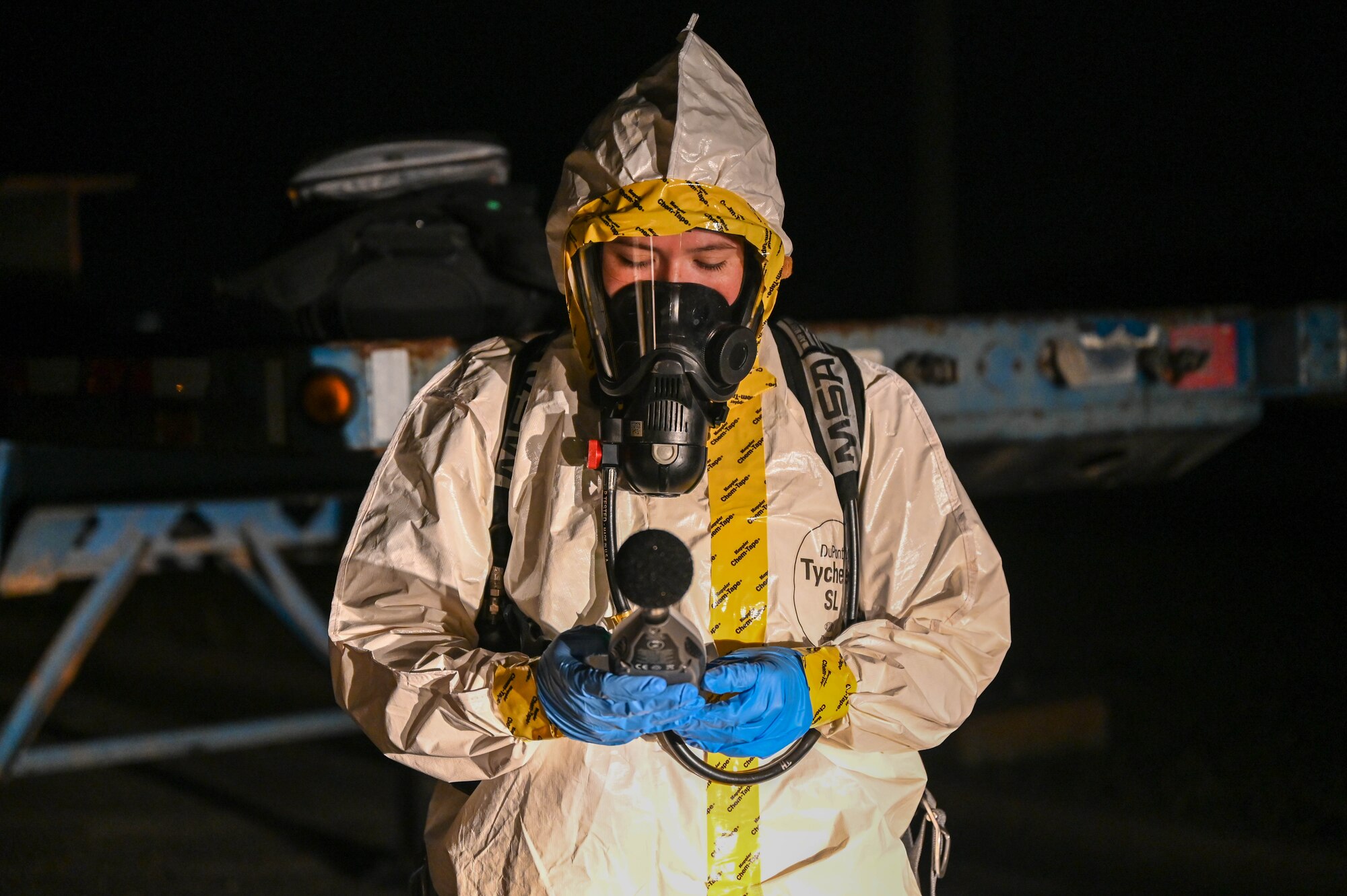 U.S. Air Force Airman Samantha Fox, Operational Medical Readiness Squadron bioenvironmental engineering technician monitors noise levels March 14, 2023 at Cape Canaveral Space Force Station, Fla. Collecting accurate data helps quantify exposure to identify and mitigate overexposure risks. (U.S. Space Force Station)