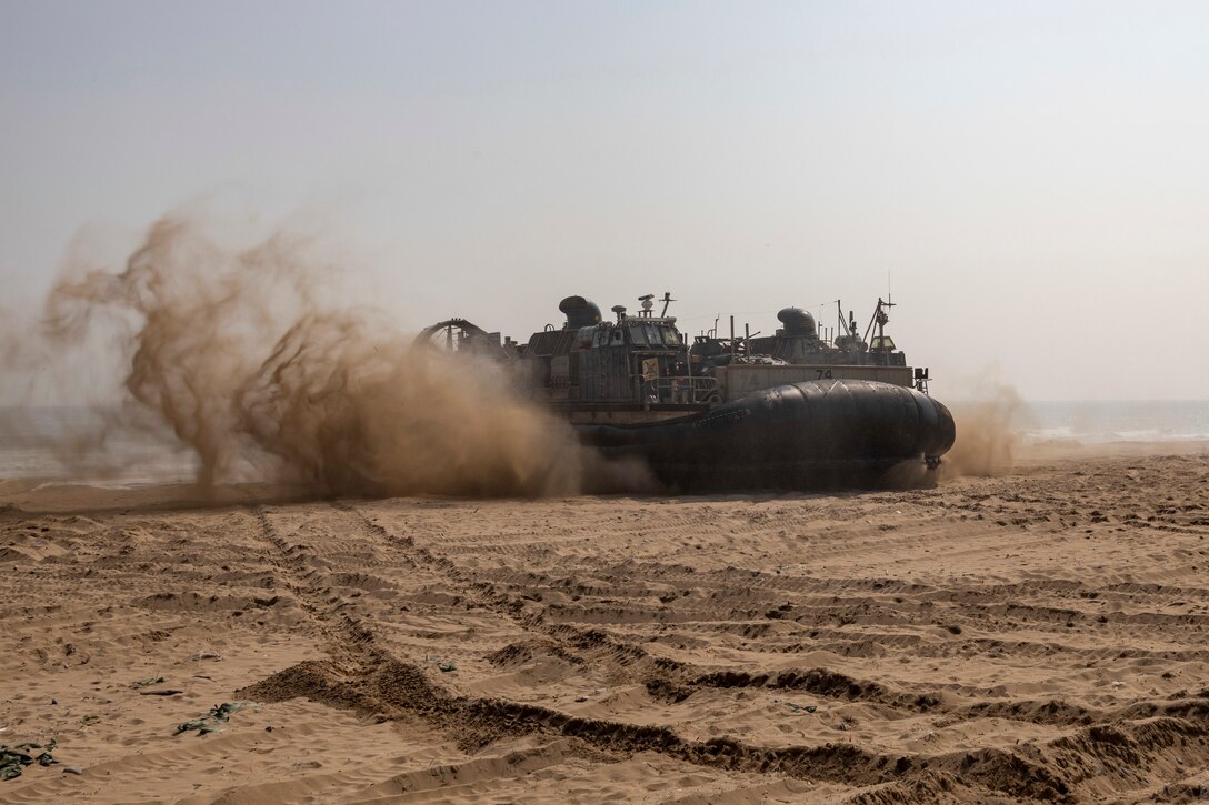 HWAJIN-RI BEACH, Republic of Korea (March 29, 2023) – U.S. Navy Landing Craft, Air Cushion 74 with Assault Craft Unit 5, 13th Marine Expeditionary Unit arrives ashore for an amphibious assault during Ssang Yong 23. Celebrating the 70th anniversary of the U.S.-ROK Alliance, Ssang Yong 2023 strengthens the Alliance through bilateral, joint training, contributing toward the ROK’s combined defense of the Korean Peninsula and increasing the readiness of the U.S.-ROK Alliance. (U.S. Marine Corps photo by Cpl. Austin Gillam)