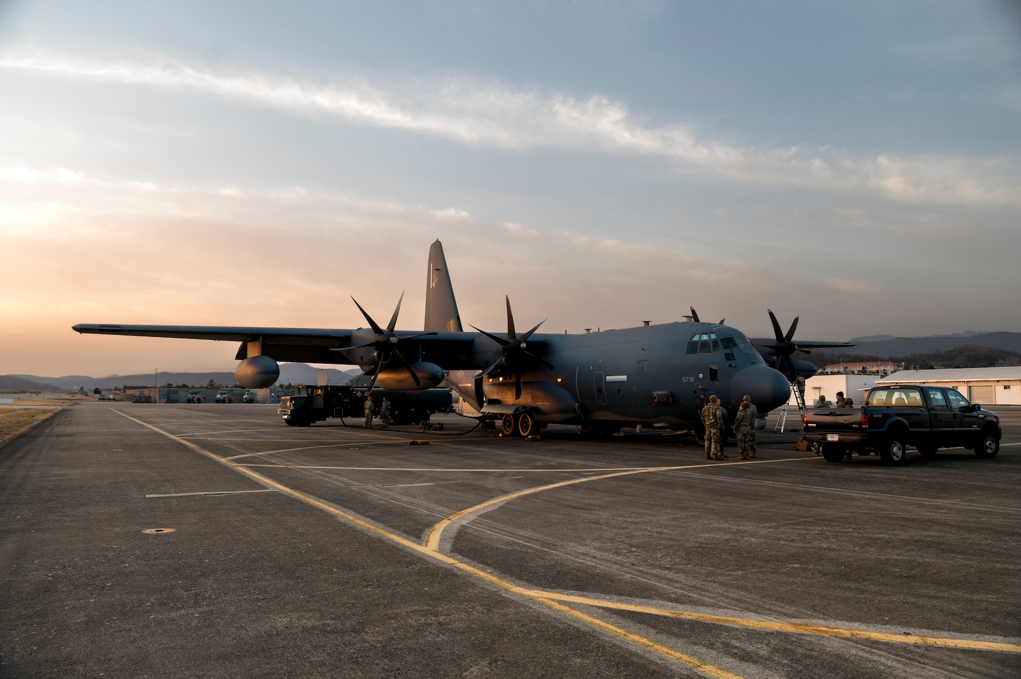 U.S. Airmen assigned to the 353rd Special Operations Aircraft Maintenance Squadron perform a post-flight inspection on an MC-130J Commando II in preparation of Freedom Shield 23 at Daegu Air Base, Republic of Korea, Mar. 13, 2023.