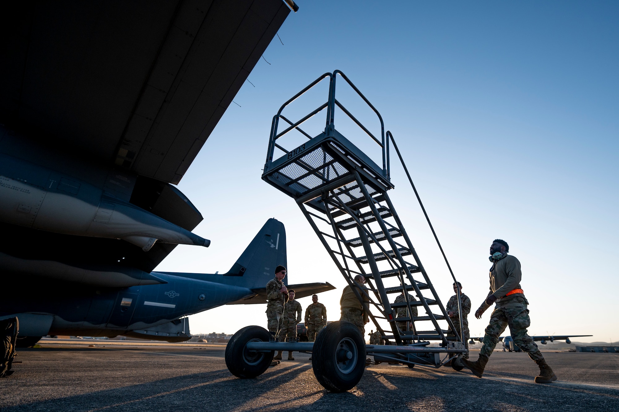 U.S. Airmen assigned to the 353rd Special Operations Aircraft Maintenance Squadron perform a post-flight inspection of an MC-130J Commando II during Freedom Shield 23 at Daegu Air Base, Republic of Korea, Mar. 14, 2023.