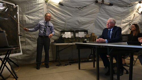 Secretary of the Air Force Frank Kendall is briefed on the mission of Joint All Domain Exercise FORGE at Goodfellow Air Force Base, Texas, April 4, 2023. JADE FORGE is a simulated joint deployment area that provides a training environment for intelligence, surveillance, and reconnaissance capabilities. (U.S. Air Force by Airman 1st Class Zachary Heimbuch)