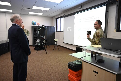 Secretary of the Air Force Frank Kendall observes special instruments training at Louis F. Garland Department of Defense Fire Academy at Goodfellow Air Force Base, Texas, April 4, 2023. Kendall visited Goodfellow to observe base operations and meet with joint service members assigned to the 17th Training Wing (U.S. Air Force photo by Airman 1st Class Zachary Heimbuch)