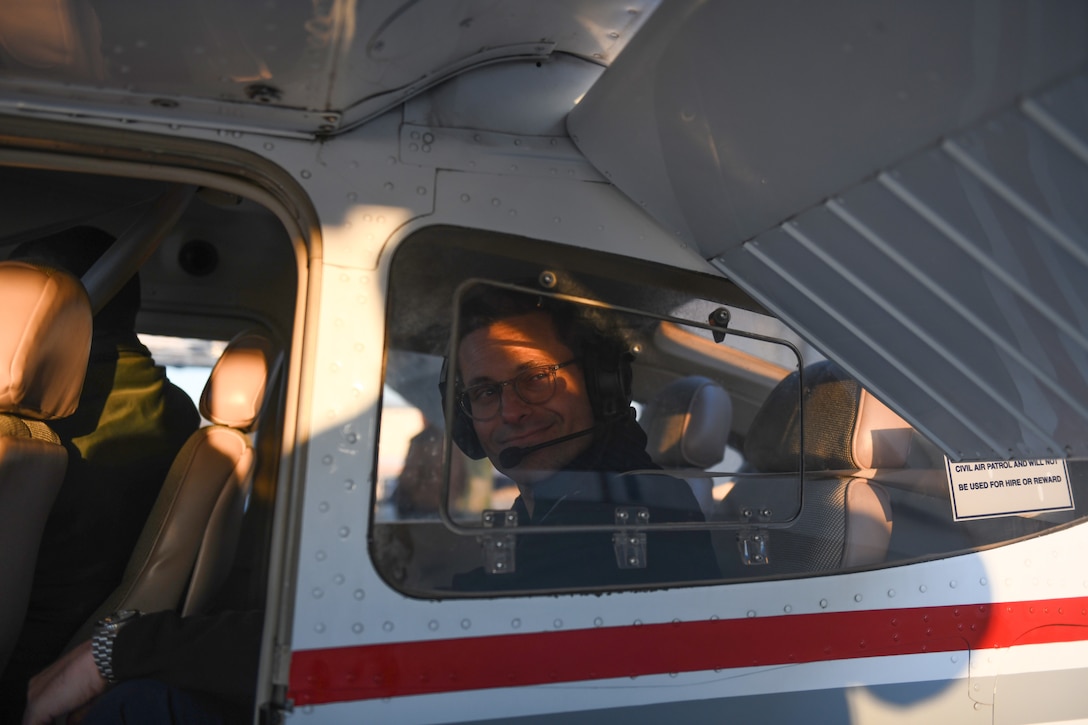 Alex Wagner, Assistant Secretary of the Air Force for Manpower and Reserve Affairs, sits in a Civil Air Patrol Cessna 182 Skylane airplane before takeoff at Joint Base Andrews, Md., March 30, 2023.