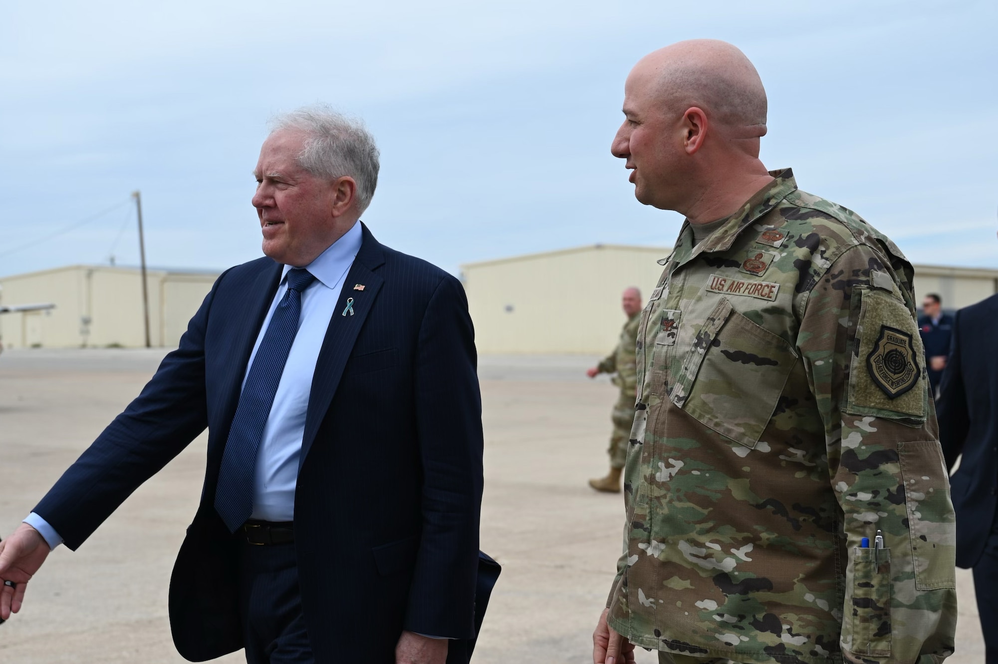 Secretary of the Air Force Frank Kendall lands in San Angelo, Texas, during a visit to Goodfellow Air Force Base, April 4, 2023. Kendall visited Goodfellow to observe base operations and meet with joint service members assigned to the 17th Training Wing (U.S. Air Force photo by Airman 1st Class Zach Heimbuch)
