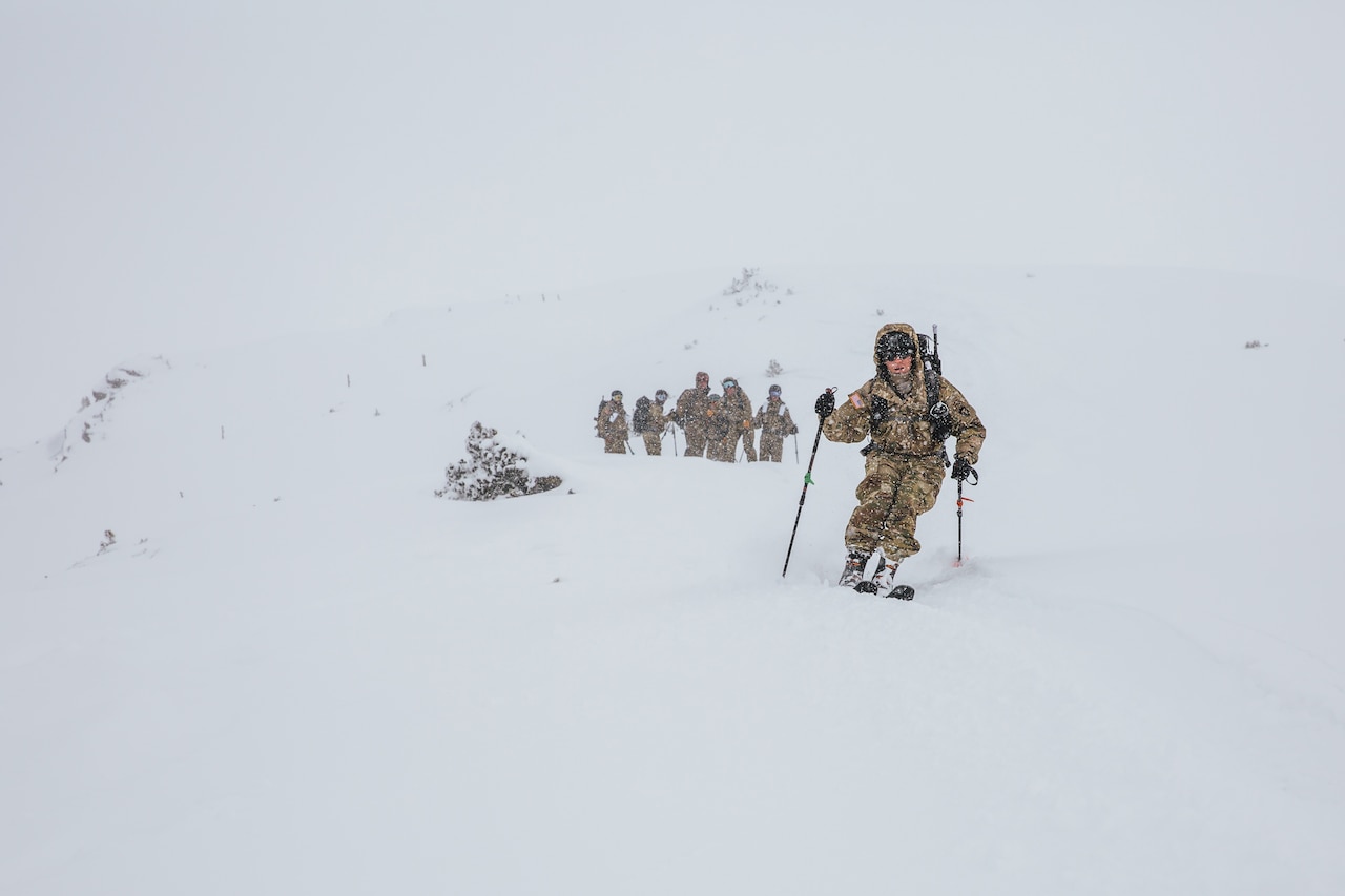 A soldier skis as snow falls and others watch in the distance.