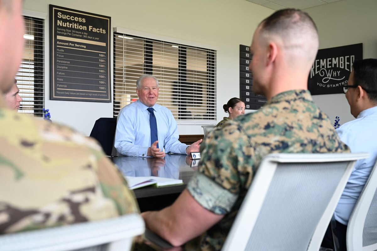 Secretary of the Air Force Frank Kendall meets with service members assigned to the 17th Training Wing at Goodfellow Air Force Base, Texas, April 4, 2023. Kendall conducted a question-and-answer session about the current and future states of the Department of the Air Force. (U.S. Air Force photo by Airman 1st Class Zach Heimbuch)