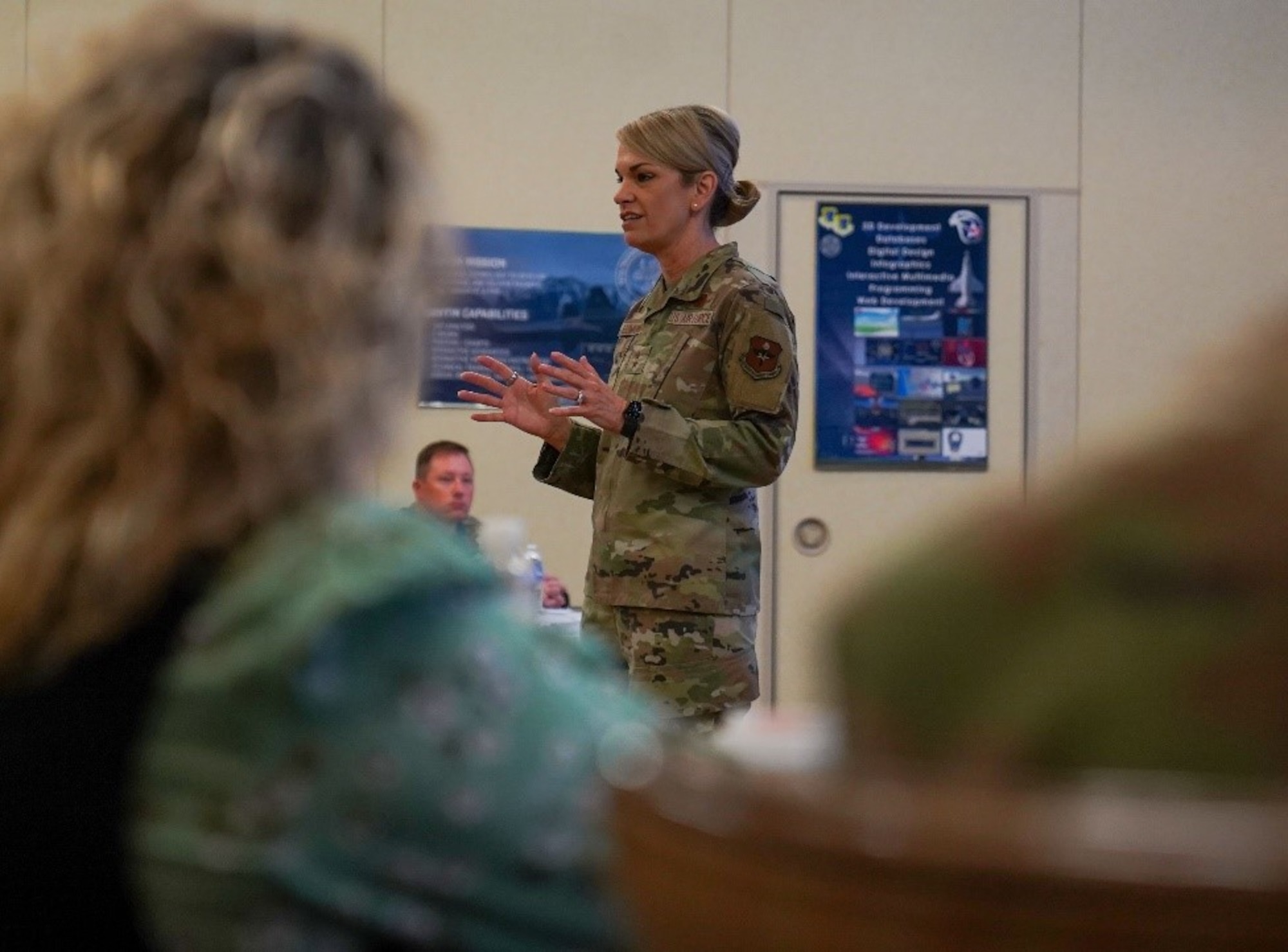 U.S. Air Force Maj. Gen. Michele Edmondson, Second Air Force commander, briefs attendees of Technical Training 101 in the Bay Breeze Event Center on Keesler Air Force Base, Mississippi, March 28, 2023.