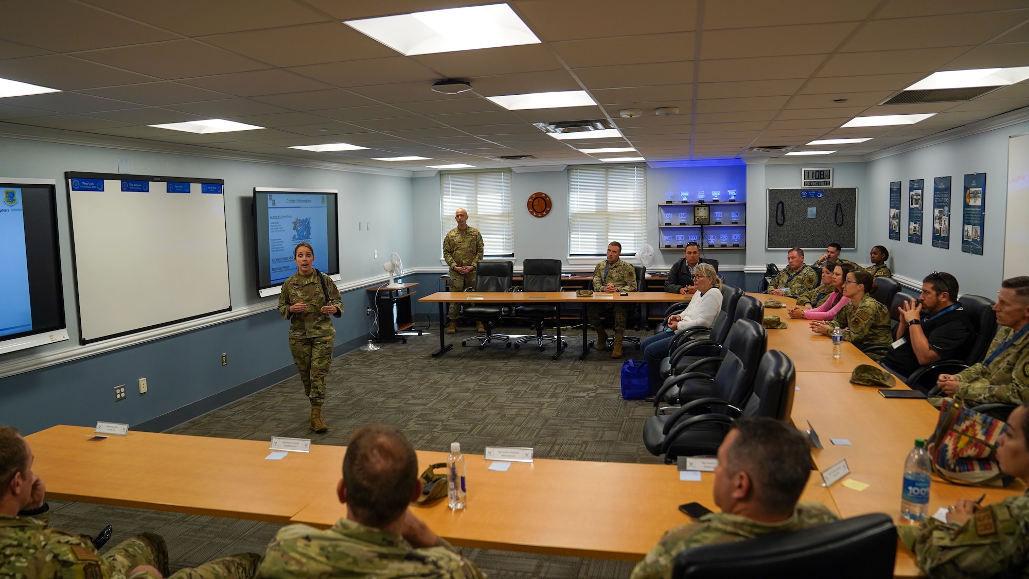 U.S. Air Force Senior Master Sgt. Kristen Jordan Elliott, Second Air Force military training leader functional manager, briefs Technical Training 101 attendees about the MTL initial skills course at Keesler Air Force Base, Mississippi, March 30, 2023.