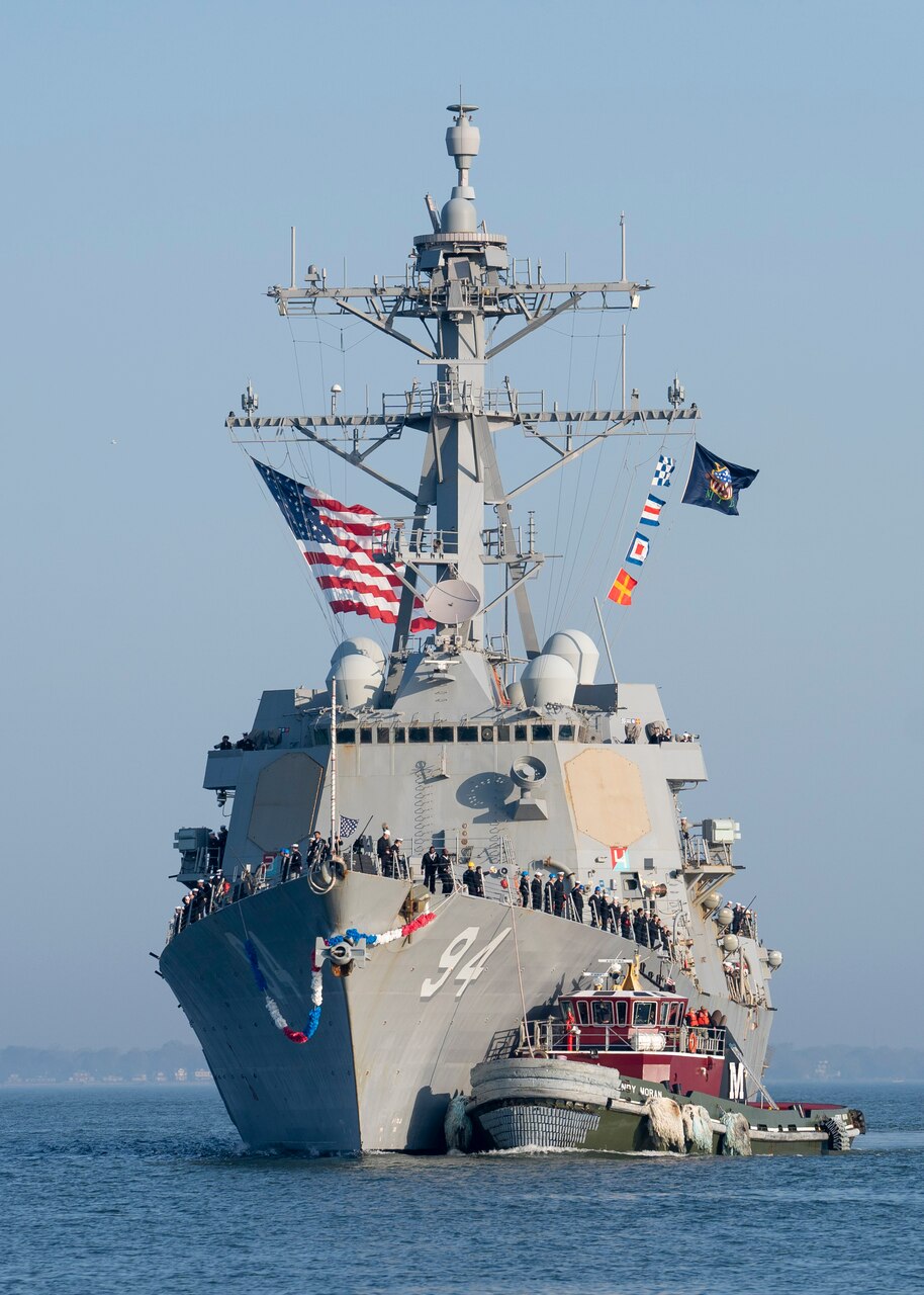 The guided-missile destroyer USS Nitze (DDG 94) arrives at Naval Station Norfolk after a scheduled deployment April 5, 2023.
