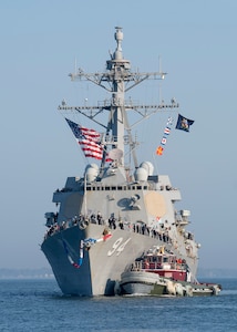 The guided-missile destroyer USS Nitze (DDG 94) arrives at Naval Station Norfolk after a scheduled deployment April 5, 2023.