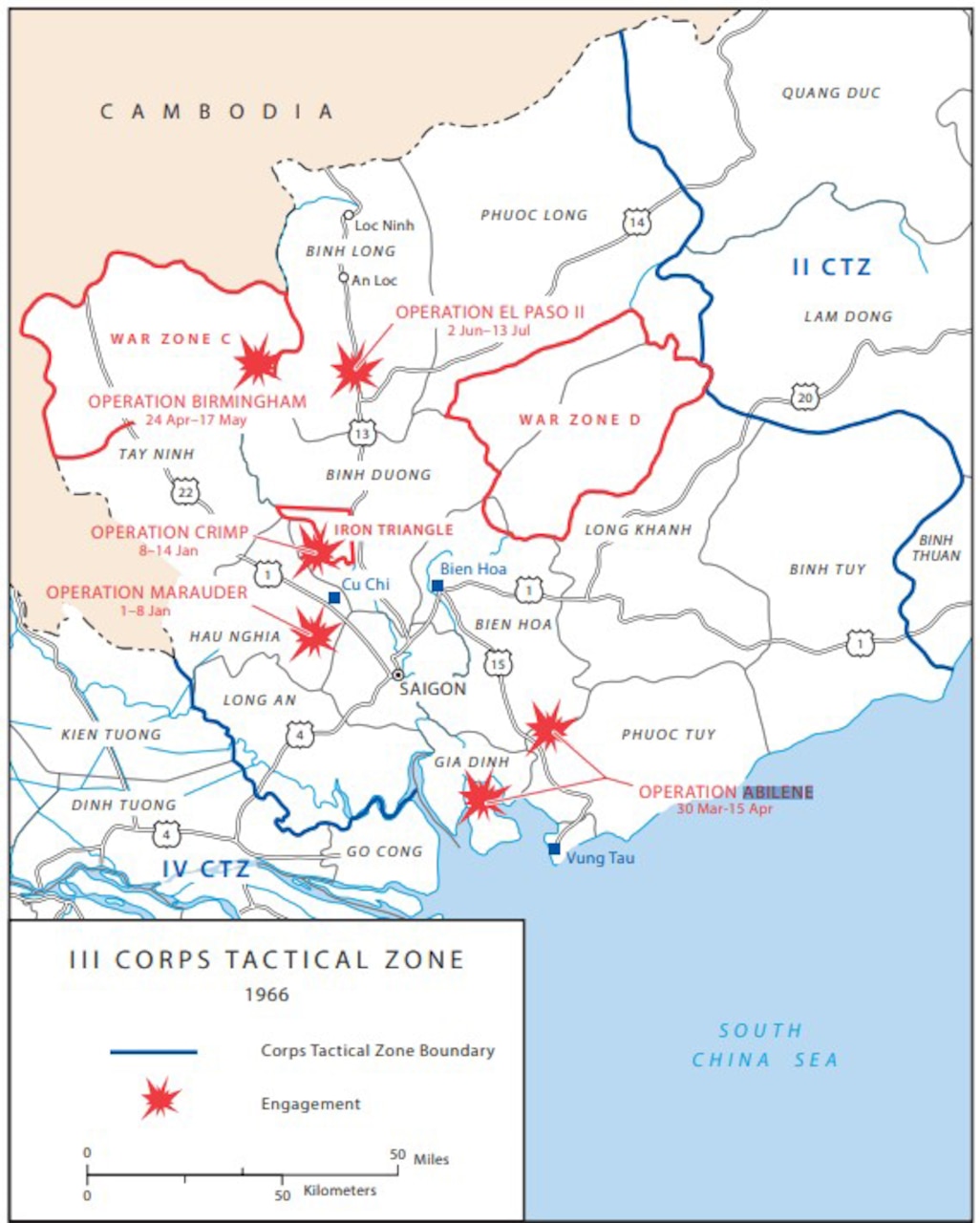 A map of Vietnam highlights various battles with red splotches.