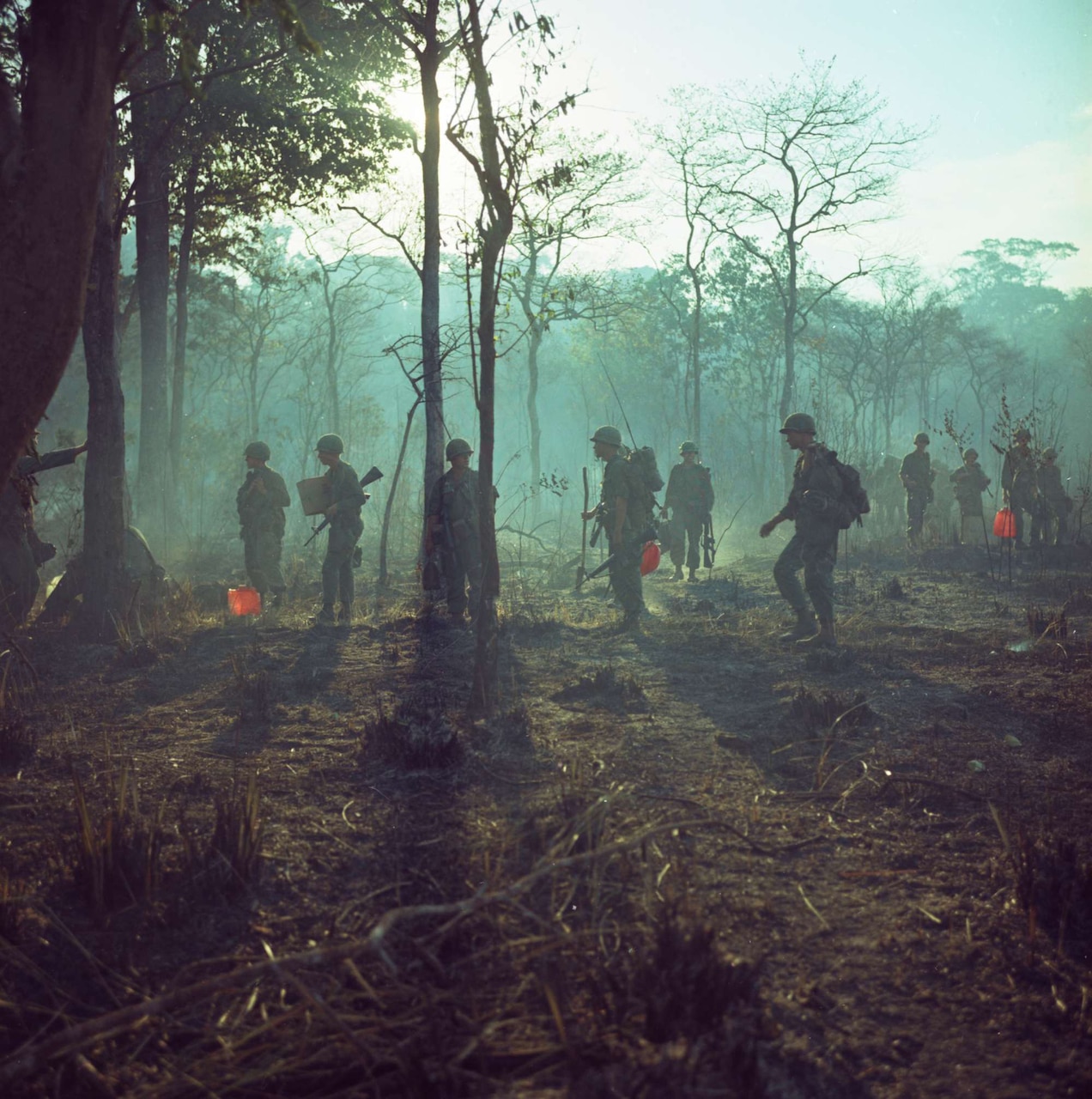 Men walk through what appears to be a burned-out jungle.