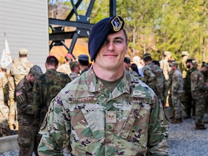 Senior Airman Joe Fitzgerald, 127th Security Forces Squadron, wears an Army Assault Badge after becoming one of the few Air National Guard Airmen to earn the award following a training course at Fort Benning, Georgia, March 24, 2023. Fitzgerald is the only Airman in the Michigan Air National Guard in recent memory to earn the badge. (U.S. Air National Guard photo)