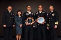 WASHINGTON (April 5, 2023) -- NAVSEA announced it’s active duty and reserve 2022 Sailor of the Year winners during an award ceremony at the Washington Navy Yard. Navy Diver 1st Class Mathew Villafuerte, NUWC Keyport won in the active-duty category, and Master-At-Arms 1st Class Jose Rivera, Navy Security Force Atlantic Undersea Test and Evaluation Center, won in the reserve category. They are seen here with CMC Justin Gray, Executive Director, Ms. Giao Phan, and Vice Admiral Galinis. (U.S. Navy photo by Laura Lakeway)